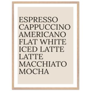 Typography print poster featuring various coffee names in black on a beige background.