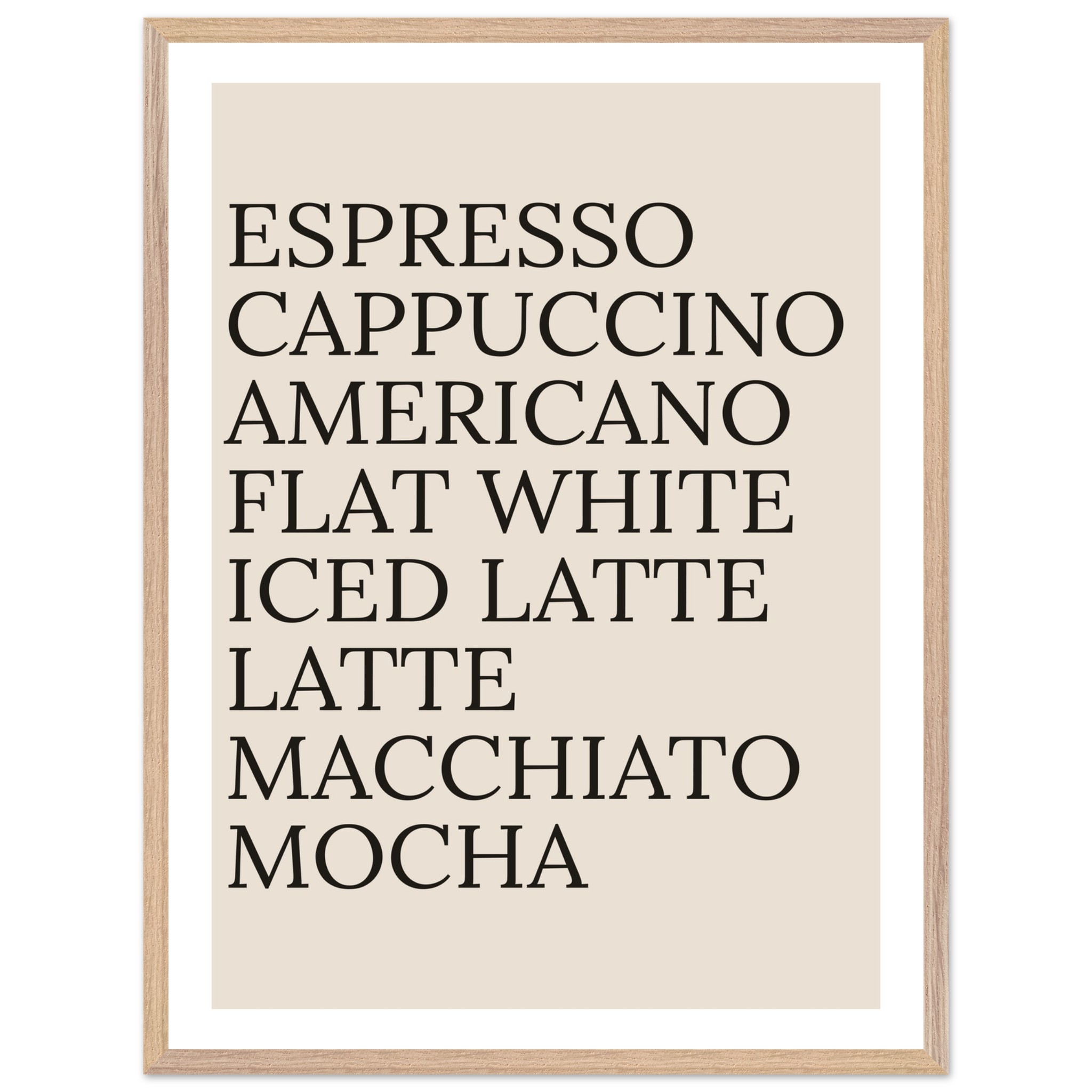 Typography print poster featuring various coffee names in black on a beige background.