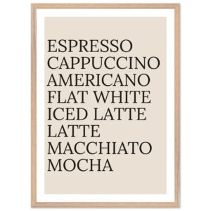 Typography print poster featuring coffee names in black on beige background.