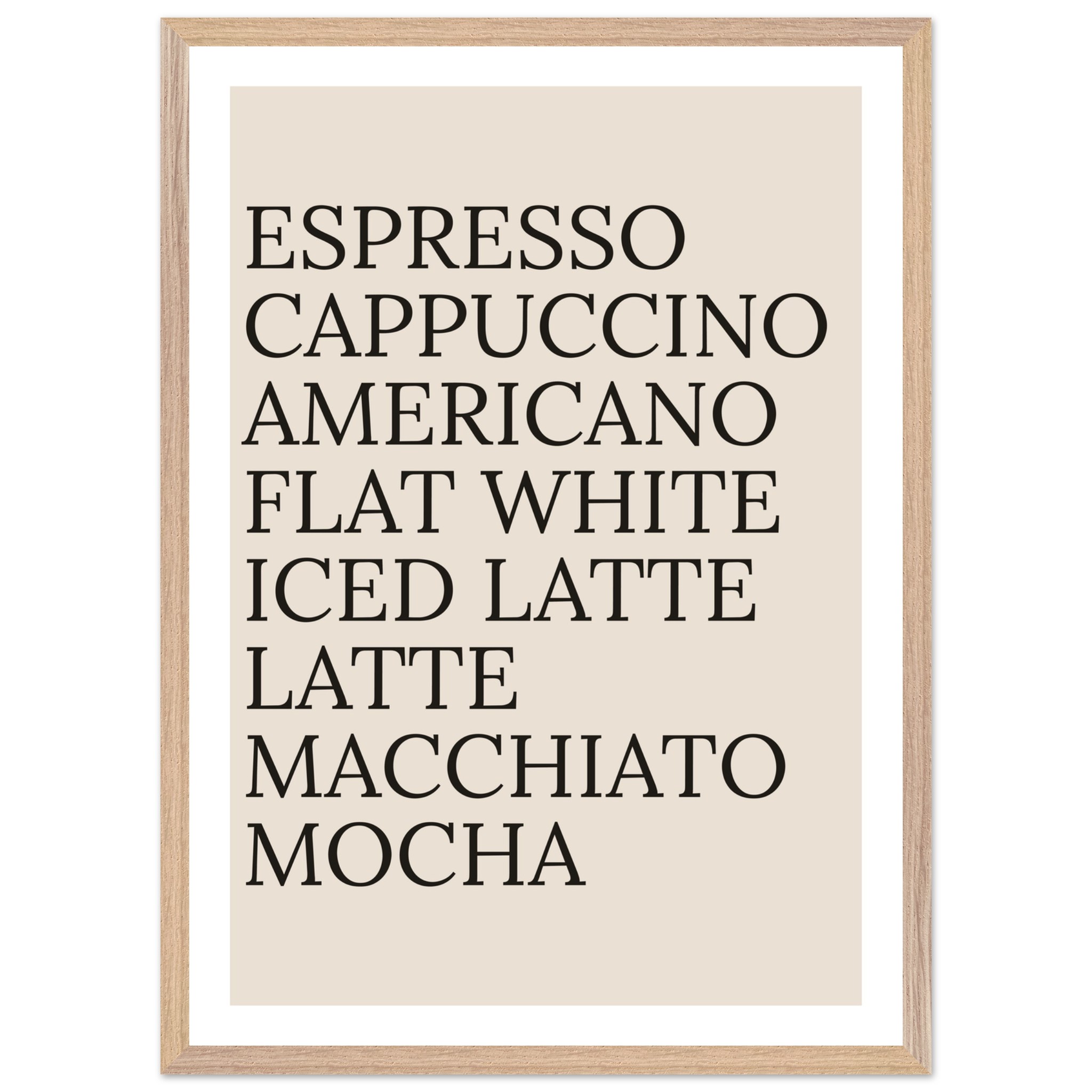 Typography print poster featuring coffee names in black on beige background.