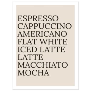 Typography print poster featuring coffee names in black on a beige background.