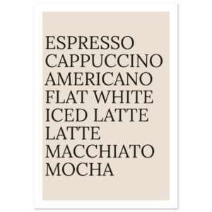Typography print poster featuring coffee names on a neutral background.