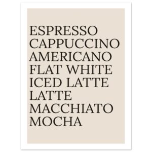 Typography print poster featuring coffee names in black on a beige background.