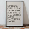 Typography print poster featuring various coffee names in black text.