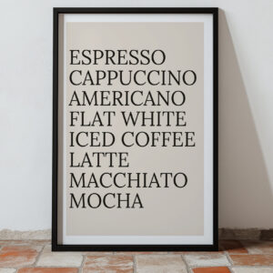 Typography print poster featuring various coffee names in black text.