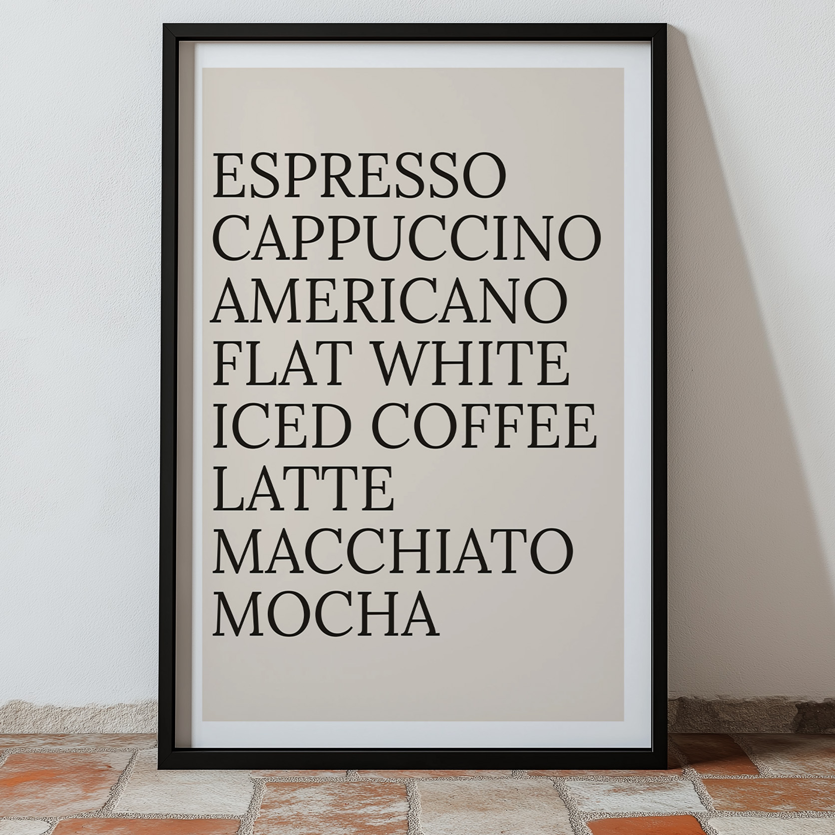 Typography print poster featuring various coffee names in black text.