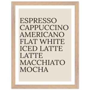 Typography print poster featuring coffee names in black on a beige background.