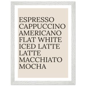 Typography print poster featuring coffee names in black on a beige background.