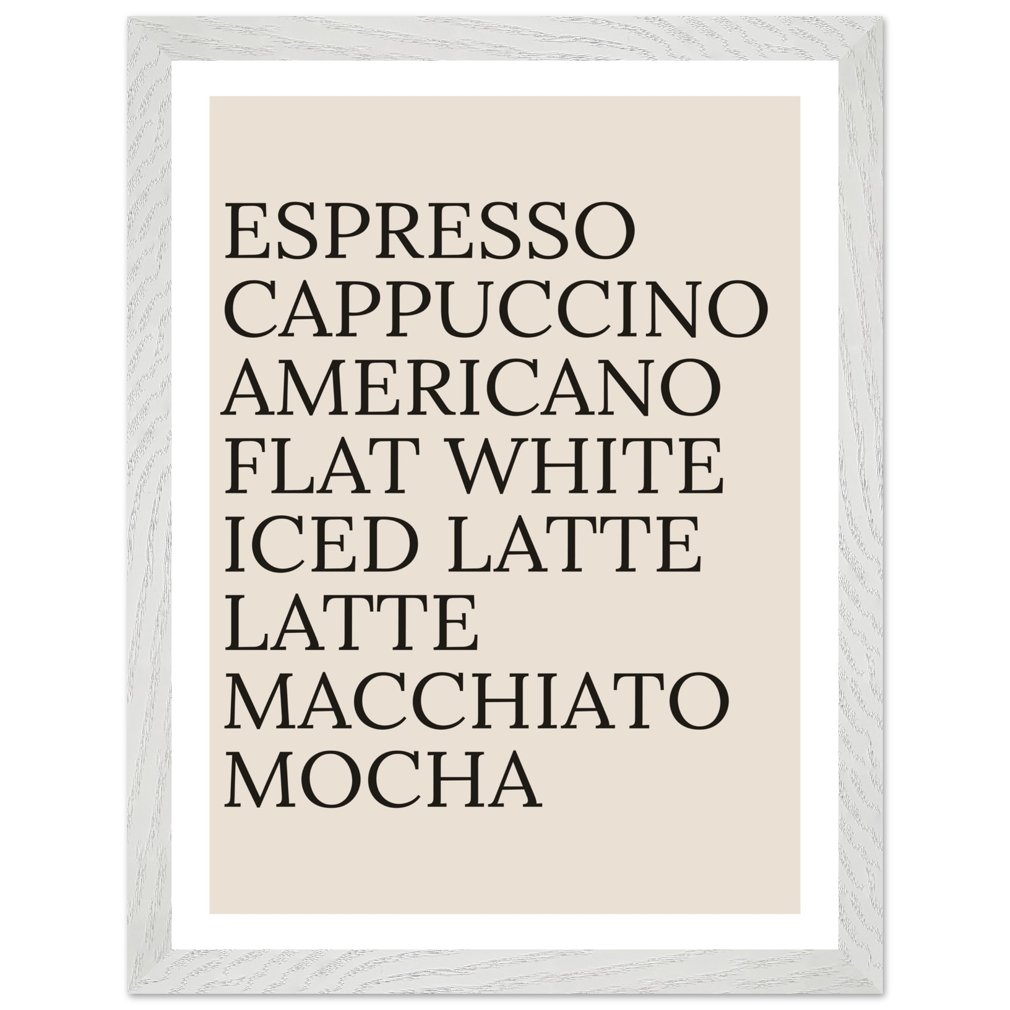 Typography print poster featuring coffee names in black on a beige background.