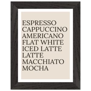 Framed poster featuring coffee names in black typography on beige background.