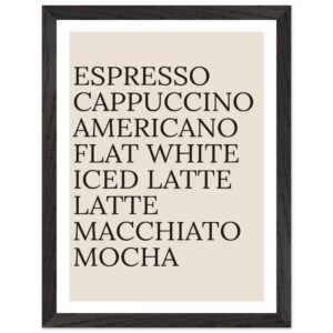 Typography print poster featuring coffee names in black text on a beige background.