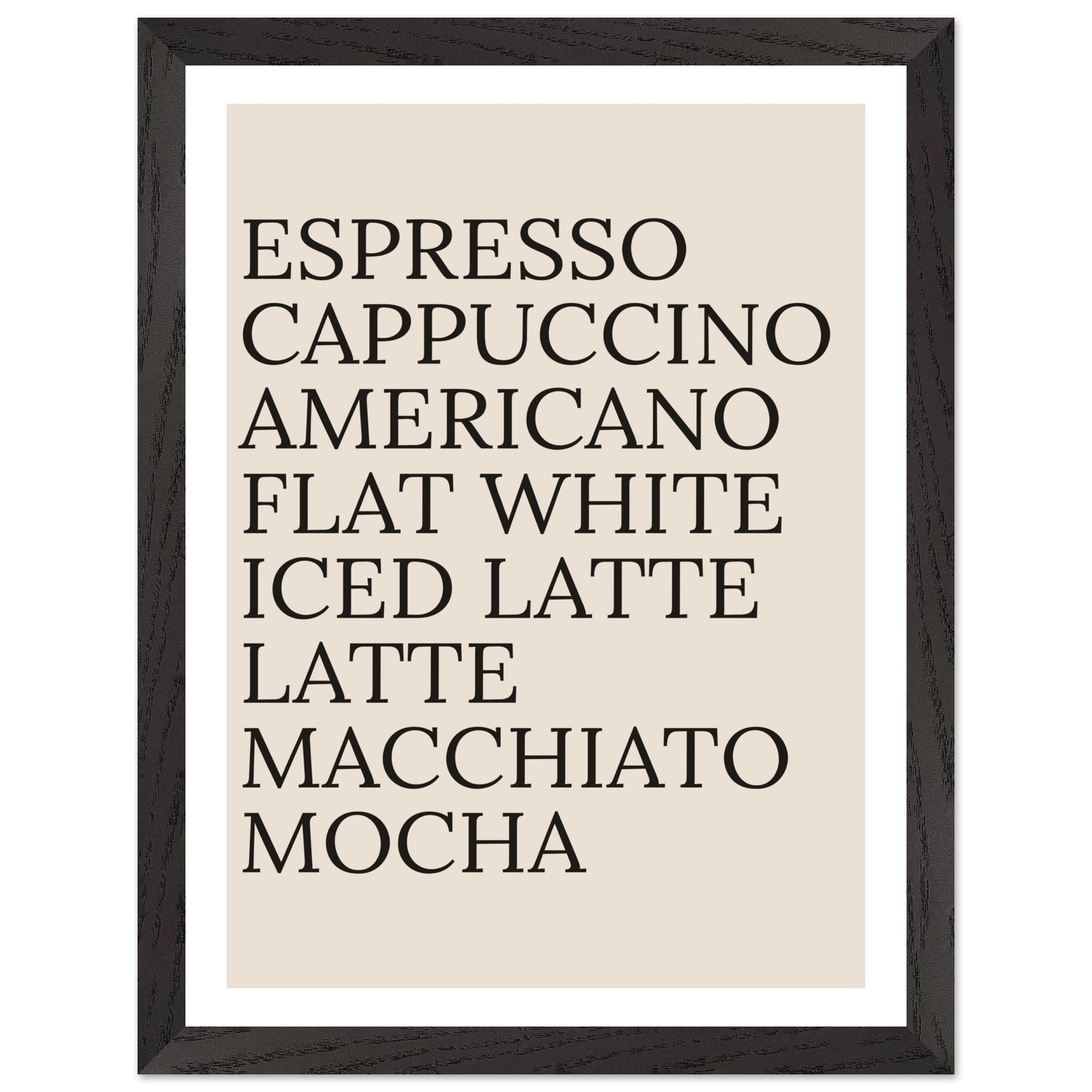 Typography print poster featuring coffee names in black text on a beige background.
