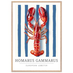 European lobster illustration with blue striped background and wooden frame.