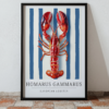 Framed wall art print of a European lobster on blue stripes.