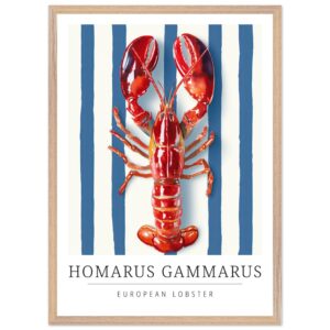 European lobster illustration on a blue striped background in a wooden frame.
