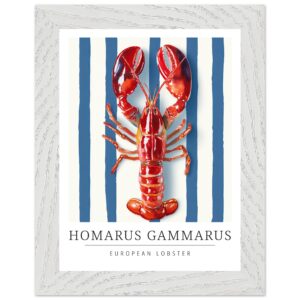 Red lobster illustration on a white background with blue stripes.