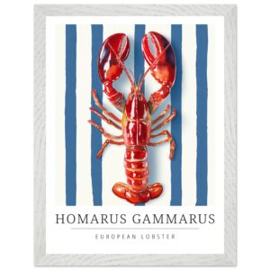 European lobster illustration on blue and white striped background.