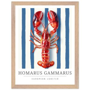 European lobster illustration on blue striped background with wooden frame.
