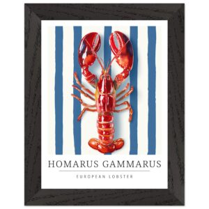 Framed wall art print of a European lobster on blue striped background.