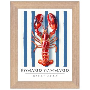 Framed wall art print of a European lobster on blue stripes.