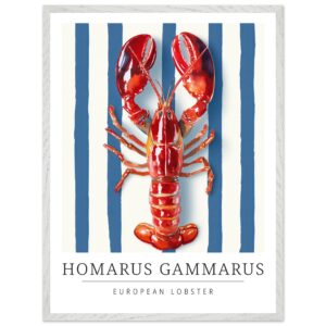 European lobster illustration on blue striped background with text.