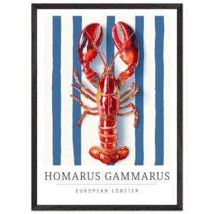 Red lobster illustration on a blue striped background with text.