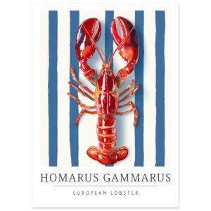 Red lobster illustration on a blue striped background.