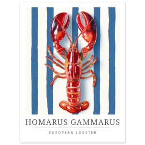 Red lobster illustration on a blue striped background with text below.