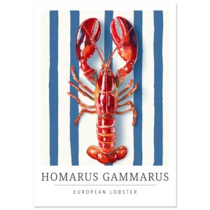 European lobster illustration on a blue striped background.