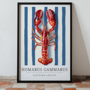 Framed wall art print of a European lobster on blue stripes.