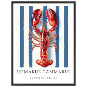 European lobster illustration on blue striped background with black frame.