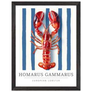 Red lobster illustration on blue and white striped background.