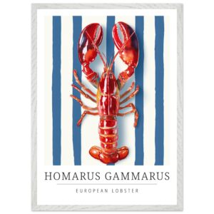 Red lobster illustration on a blue and white striped background.
