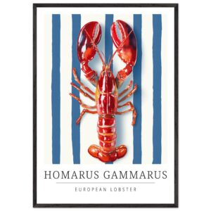 European lobster illustration on a blue striped background.