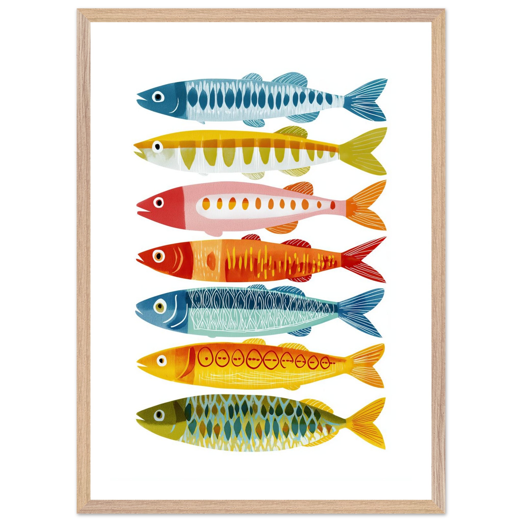 Colorful fish illustrations arranged in a white-framed poster.