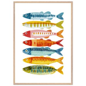 Colorful fish illustration in a wooden frame on a white background.