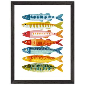 Colorful fish illustrations arranged in a row within a black frame.