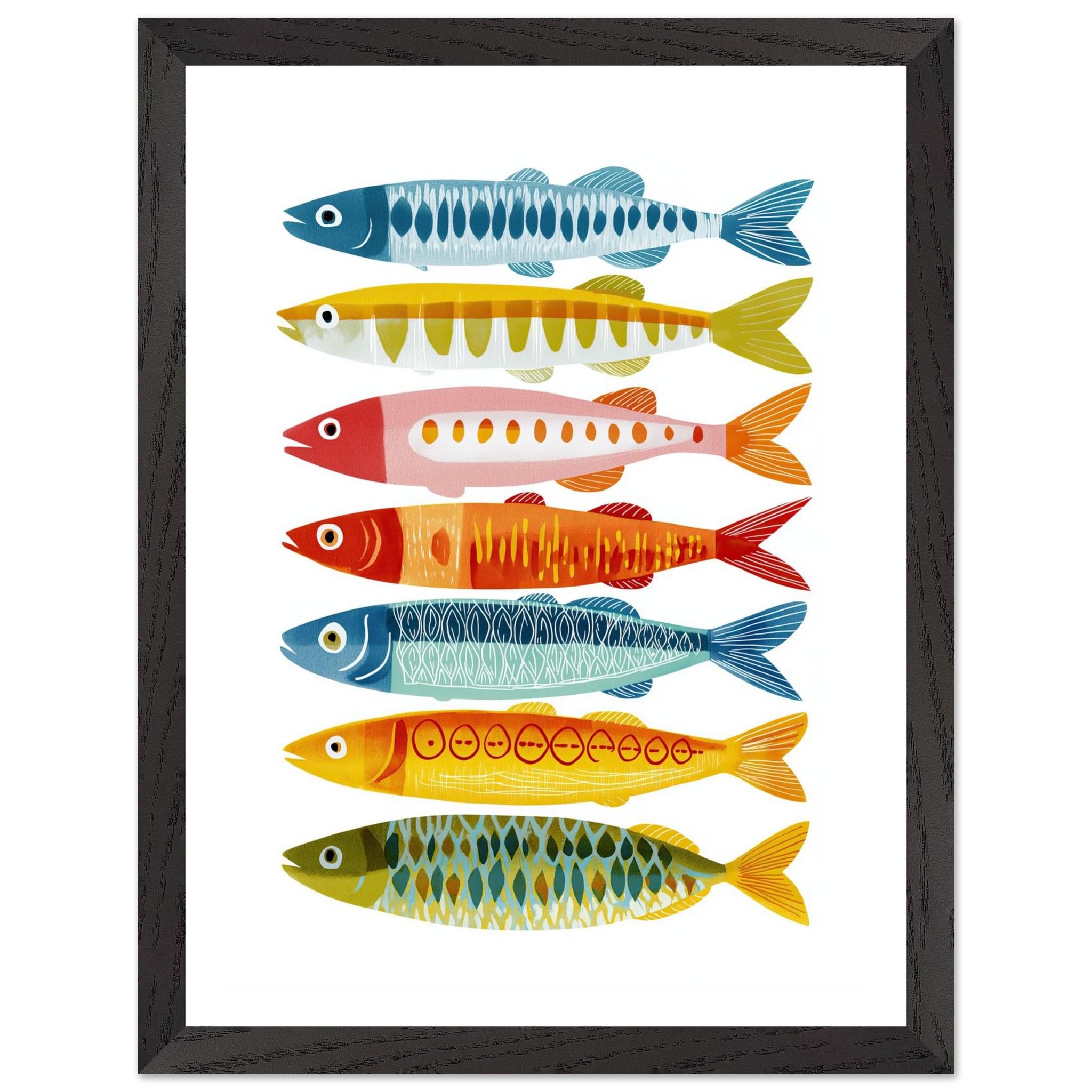 Colorful fish illustrations arranged in a row within a black frame.