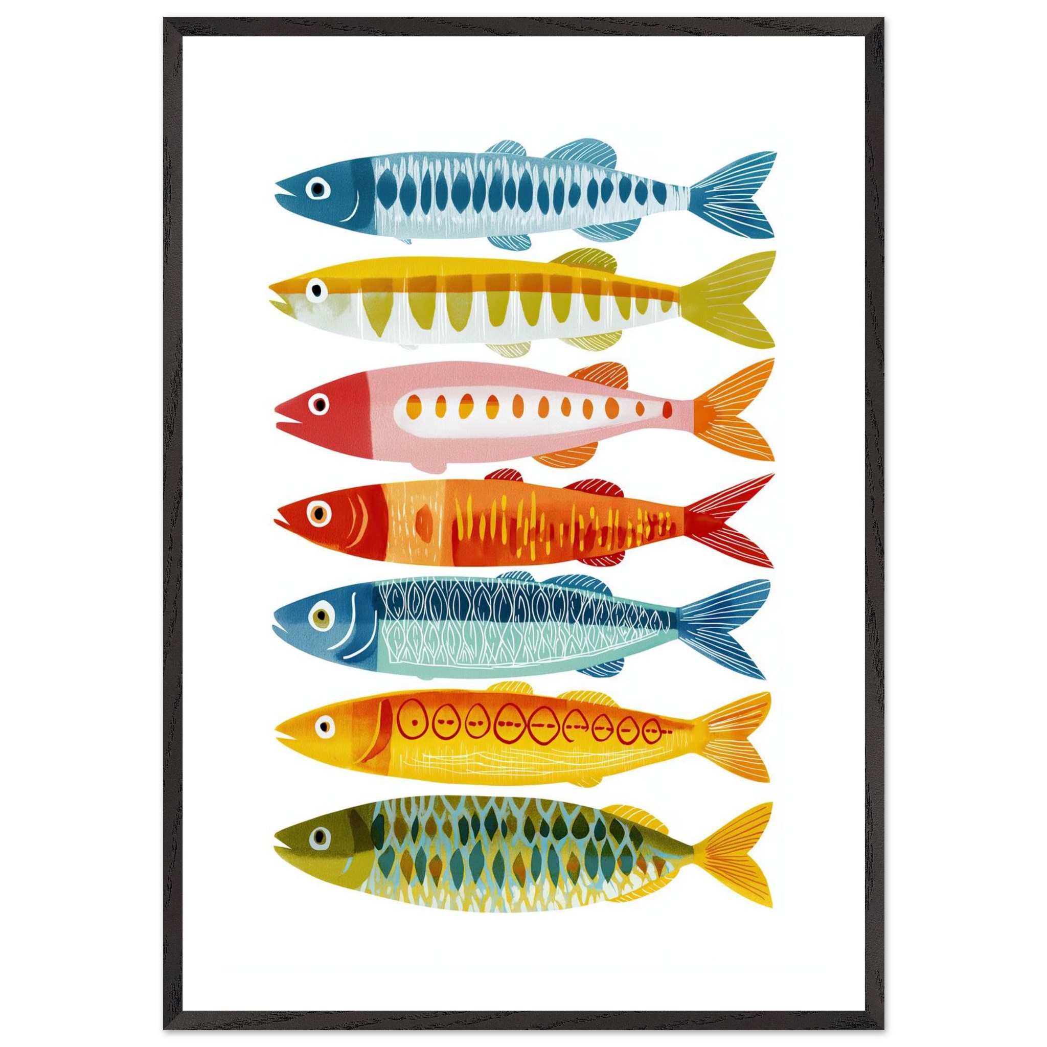 Colorful fish illustration arranged in a vertical line on a white background.