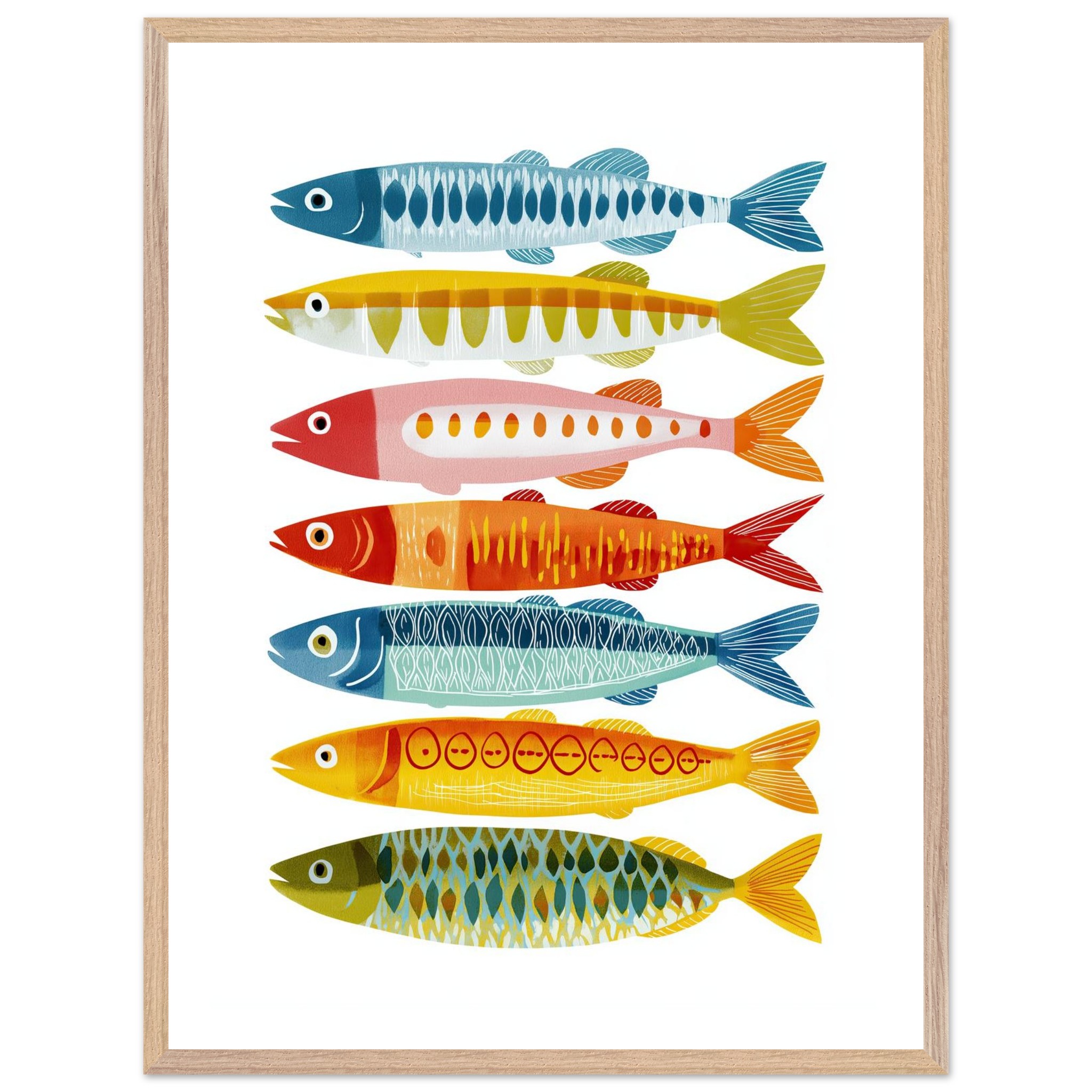 Colorful fish illustration arranged in a vertical pattern.