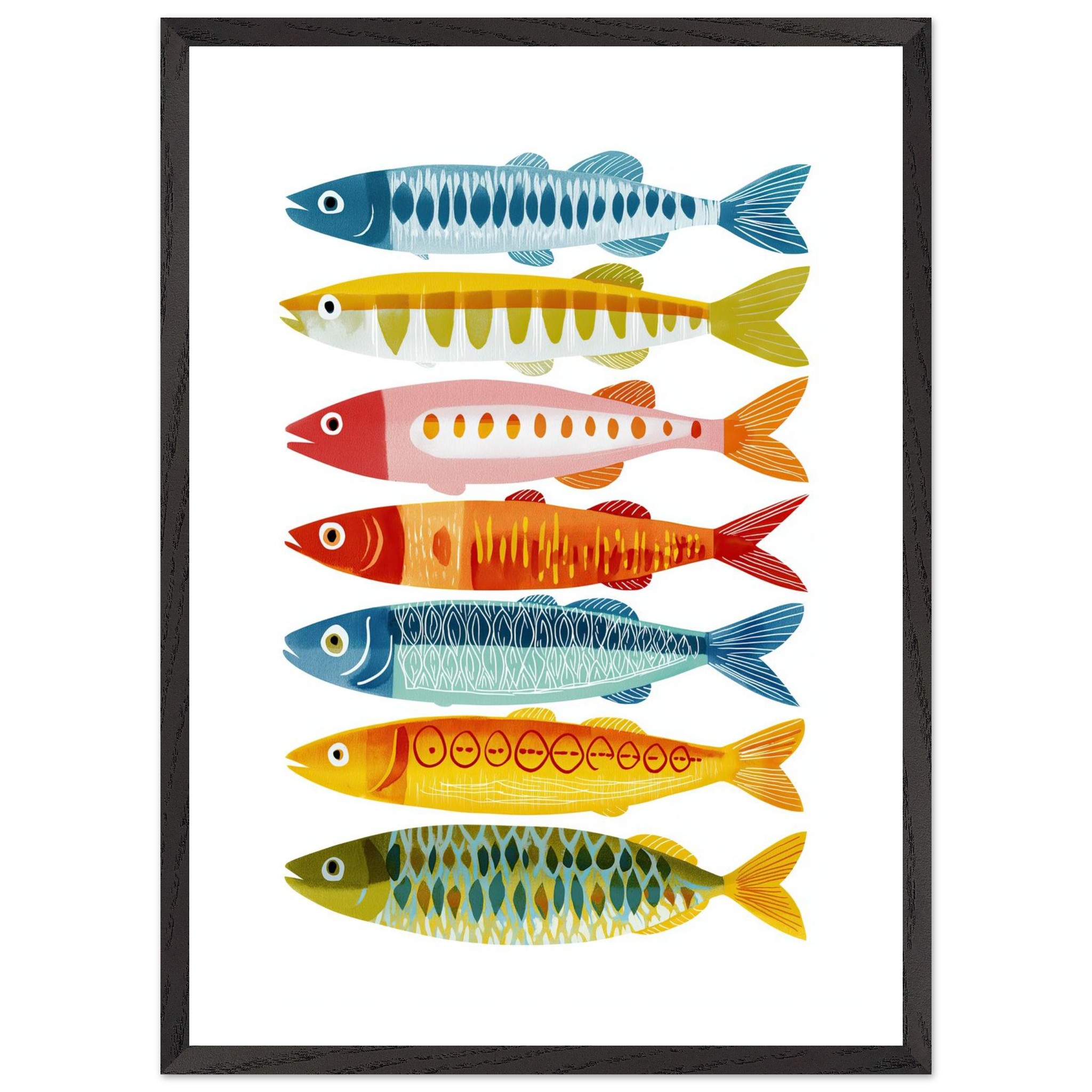 Colorful fish illustration in a black frame on a white background.