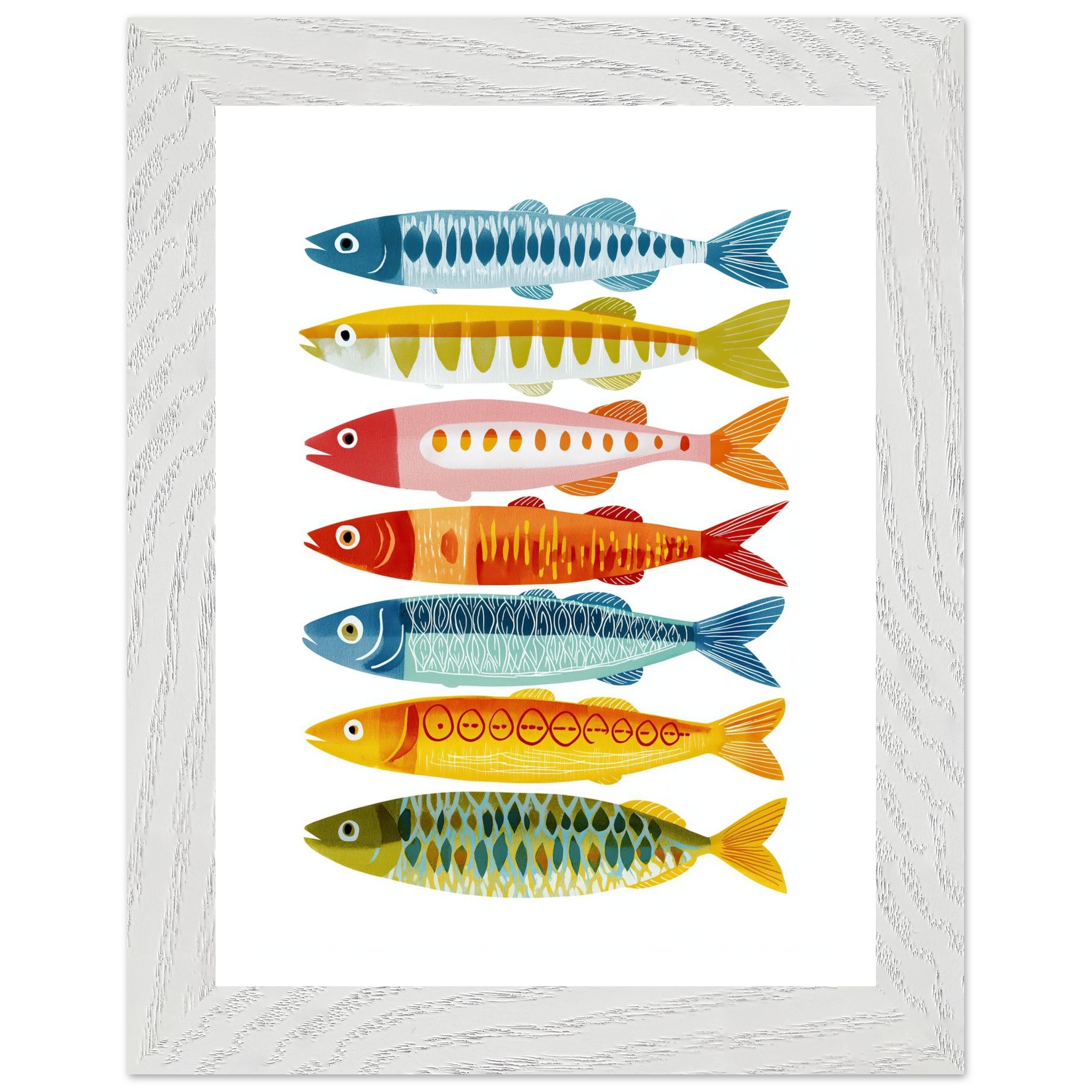 Colorful fish illustration in a white wooden frame.