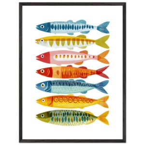 Colorful fish illustration arranged in a vertical line on white background.