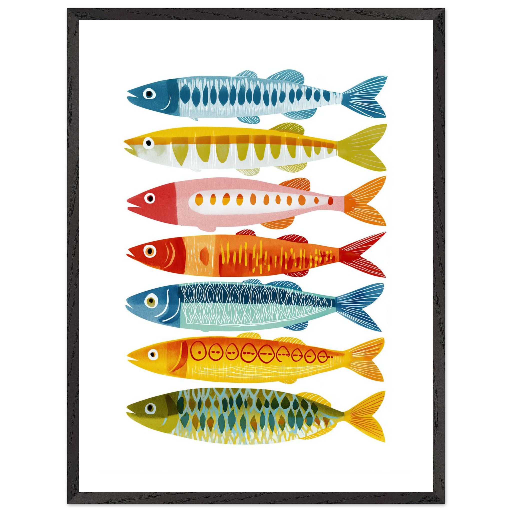 Colorful fish illustration arranged in a vertical line on white background.