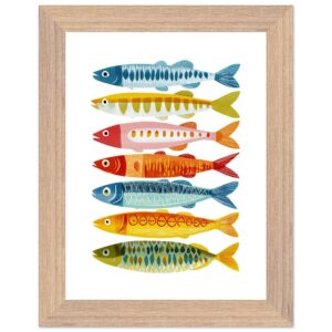 Colorful fish illustrations arranged in a wooden frame.