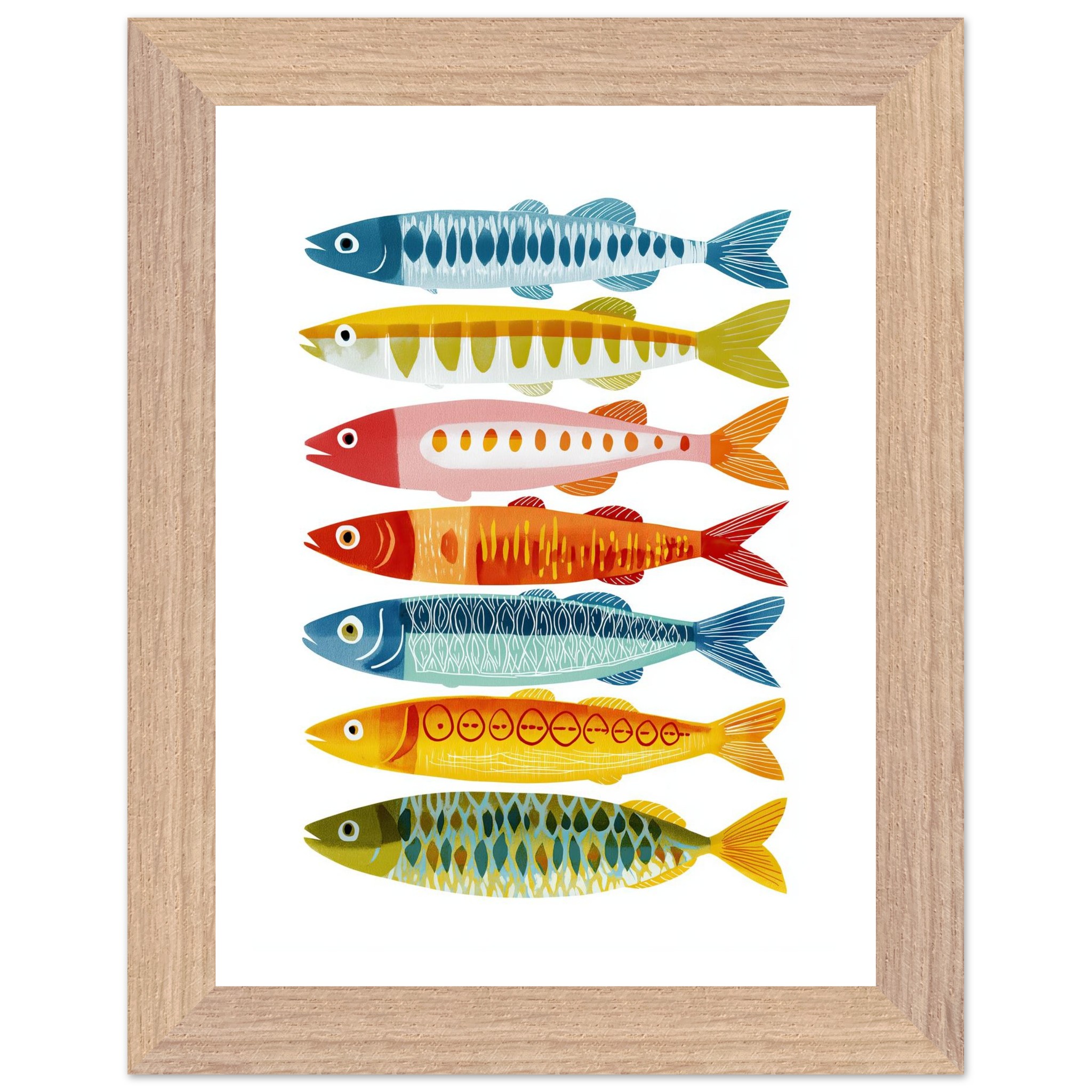 Colorful fish illustrations arranged in a wooden frame.