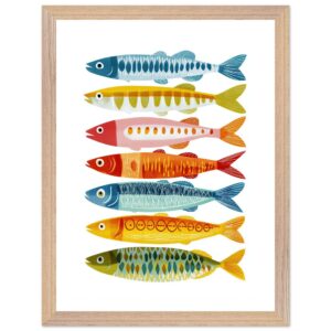 Colorful fish illustration in a wooden frame.