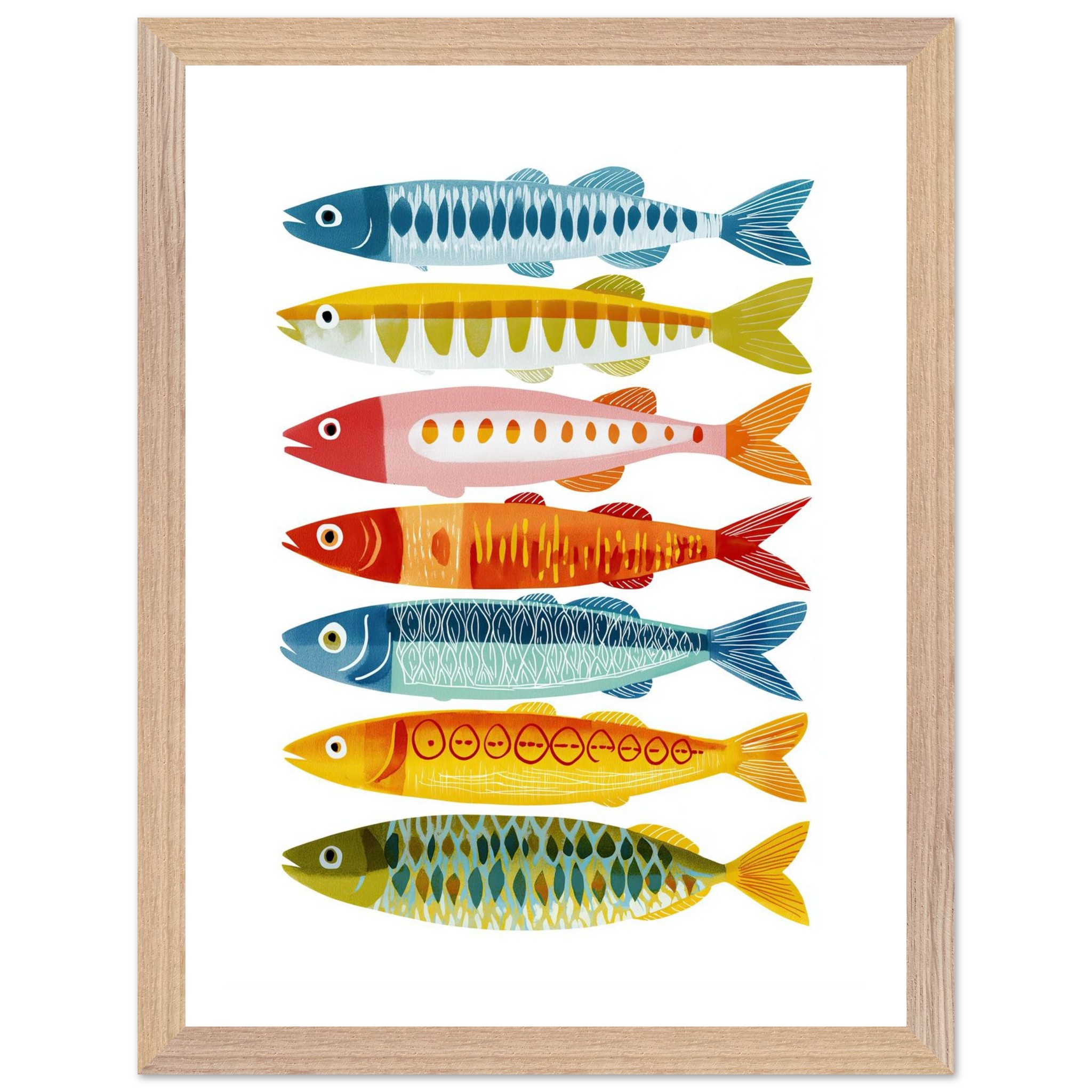 Colorful fish illustration in a wooden frame.