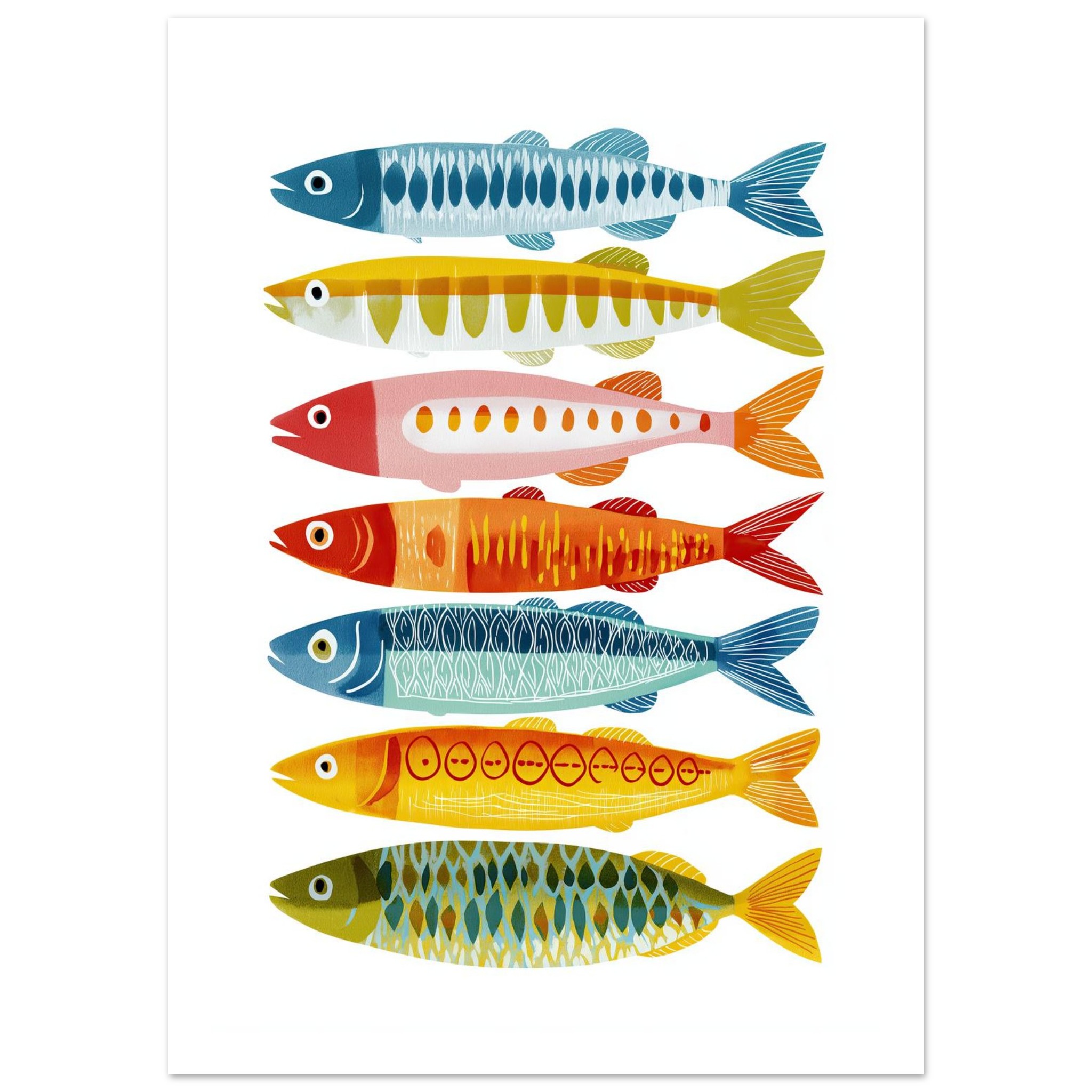 Colorful illustration of various fish in a row on a white background.