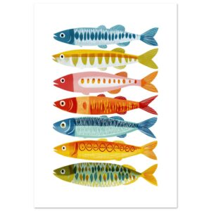 Colorful fish illustrations arranged in a horizontal line on a white background.